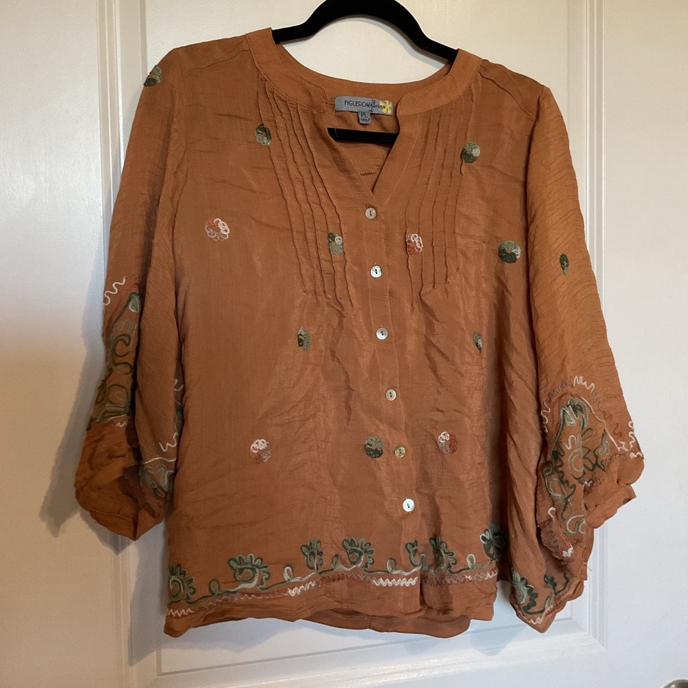Embroidered Rust Button-Front Women's Blouse